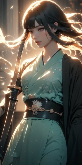 1girl is standing in a dark and mysterious environment.(((hang Beautiful, delicate and perfectly curved Japanese samurai katana  sword))) The scene is lit by a single light source, creating a sense of tension and suspense. The character is wearing a suit and tie, and their face is obscured by shadows. The image is rendered in high detail, with realistic textures and materials. The overall effect is a visually stunning and thought-provoking image that is sure to keep viewers engaged.,cool,portrait,nodf_lora,mecha,1girl,makima,1 girl