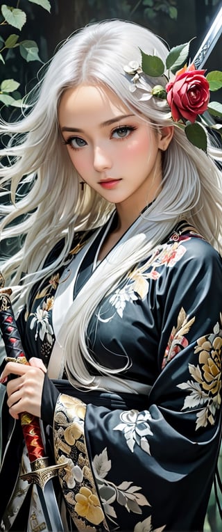 woman in a black robe holding a sword and a rose bush., white-haired deity, beautiful elf in ornate robes, she is holding a sword, ornate Korean polearm behind her, long sword in her hand, holding a sword in her shoulder, holy sword in her hands, with long white hair, long silver hair with a flower, ornate cosplay dark and moody style, perfect face, outstretched perfect hands . masterpiece, professional, award-winning, intricate details, ultra high detailed, 64k, dramatic light, volumetric light, dynamic lighting, Epic, splash art .. ), by james jean $, roby dwi antono $, ross tran $. francis bacon $, michal mraz $, adrian ghenie $, petra cortright $, gerhard richter $, takato yamamoto $, ashley wood, tense atmospheric, , , , sooyaaa,IMGFIX,Comic Book-Style,Movie Aesthetic,action shot,photo r3al,bad quality image,oil painting, cinematic moviemaker style,Japan Vibes,H effect,koh_yunjung ,koh_yunjung,kwon-nara,sooyaaa,colorful,bones,skulls,armor,han-hyoju-xl
,DonMn1ghtm4reXL, , , , , ,large-eyed 