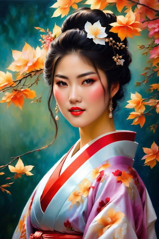 (young adult, beautiful, seductive, alluring), (Akita bijin), (best quality, highres, ultra-detailed), (oil painting, fine art), (vibrant colors, warm tones), (soft lighting, dramatic shadows), (deep gaze, captivating eyes), (rosy lips, luscious mouth), (porcelain skin, flawless complexion), (elegant kimono, revealing neckline), (attractive pose, confident stance), (lush garden background, blooming flowers), (subtle breeze, swaying leaves), (romantic atmosphere, dreamy ambiance), (sensual expression, subtle smile)