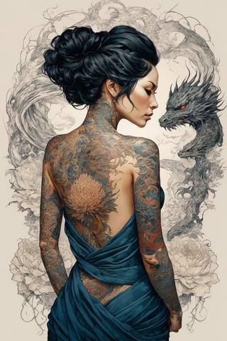 Generate hyper realistic image of a woman with a strong and intricate aesthetic, blending elements of nature, tattoos. She is wearing a black top that reveals her back and shoulders, showcasing her detailed tattoos. The outfit is minimalistic, focusing attention on her tattoos and overall physique. she is adorned with elaborate tattoos, predominantly featuring a dragon design that wraps around her shoulder and arm. The very colourful tattoos are detailed and intricate. Additional tattoos can be seen on her neck and other parts of her body, enhancing her fierce and warrior-like appearance. Her hair is styled in a messy yet elegant updo, with loose strands framing her face. The dark hair adds to her striking look, providing a stark contrast to her tattoos.
In the style of (((Hokusai))), (((Sukenobu))), (((Settei))), (((Shuncho)))
,ukiyo_e