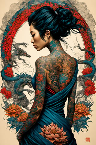 Generate hyper realistic image of an indonesian woman with a strong and intricate aesthetic, blending elements of nature, tattoos. She is wearing a black top that reveals her back and shoulders, showcasing her detailed tattoos. The outfit is minimalistic, focusing attention on her tattoos and overall physique. she is adorned with elaborate tattoos, predominantly featuring a dragon design that wraps around her shoulder and arm. The very colourful tattoos are detailed and intricate. Additional tattoos can be seen on her neck and other parts of her body, enhancing her fierce and warrior-like appearance. Her hair is extremely long, with loose strands framing her face. The dark hair adds to her striking look, providing a stark contrast to her tattoos. From behind. Her face is hidden by her hair.
In the style of (((Hokusai))), (((Sukenobu))), (((Settei))), (((Shuncho)))
,ukiyo_e,japanese