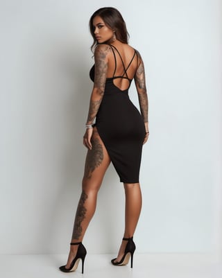 Generate hyper realistic image of a beautiful tanned girl with a strong and intricate aesthetic, blending elements of nature, tattoos. She is wearing revealing strappy lingerie (bodystocking) showcasing her detailed tattoos. Black stiletto high heel shoes. The outfit is minimalistic, focusing attention on her tattoos and overall physique. she is adorned with elaborate monochromatic tattoos. The tattoos are detailed and intricate. Additional tattoos can be seen on her neck and other parts of her body, enhancing her fierce and warrior-like appearance. She has wide hips and a fit body.  Her brown hair is wavy and ((extremely long:1.8)). ((Hair extensions)). She has very long fingernails. She has a narrow face with a high forehead and (straight, thin eyebrows) and a narrow nose. She has a friendly expression. The brown hair adds to her striking look, providing a stark contrast to her tattoos
,p3rfect boobs,cleavage,