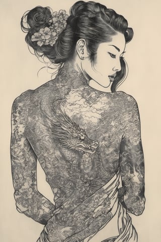 Generate hyper realistic image of a woman with a strong and intricate aesthetic, blending elements of nature, tattoos. She is wearing a black top that reveals her back and shoulders, showcasing her detailed tattoos. The outfit is minimalistic, focusing attention on her tattoos and overall physique. she is adorned with elaborate tattoos, predominantly featuring a dragon design that wraps around her shoulder and arm. The tattoos are detailed and intricate. Additional tattoos can be seen on her neck and other parts of her body, enhancing her fierce and warrior-like appearance. Her hair is styled in a messy yet elegant updo, with loose strands framing her face. The dark hair adds to her striking look, providing a stark contrast to her tattoos.
In the style of (((Hokusai))), (((Sukenobu))), (((Settei))), (((Shuncho)))
