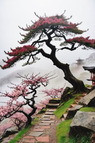 The cherry blossom tree sways in the wind. It has a storng and gnarled trunk twisting and turning up from the mountian cliff. Down below, everything is misty amongst a Shu-Han village of Japanese temples. The tree is large and a magical place. It's soft pink leaves stretch on from the length of the branches. The blossoms seemed to shine in the misty sky as they fall, swirling to.the ground below. It's serene and yet mysterious in a way. The tree is old but the scent of the flowers is like love first discovered; warm and kind.,ukiyo_e,Ukiyo-e