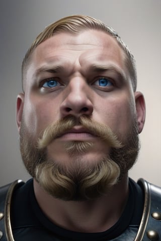 Portrait of a large muscular German man,  overweight,  age 30 very round face,  short wavy blonde hair,  blue eyes,  blonde beard and short blonde mustache,  stoic look on his face. Wearing a black leather armor,  dark grey background.