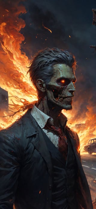 male zombie, jaw falling off, flying down a wide highway littered with abandoned cars, body is on fire, fantasy magic, undercut hairstyle, dark light night, intricate, elegant, sharp focus, illustration, highly detailed, digital painting, concept art, matte, art by wlop and artgerm and greg rutkowski and alphonse mucha, masterpiece, monster