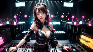 A dynamic nightclub scene: A female DJ stands confidently next to the dance floor, surrounded by flashing lights and a sea of partygoers dancing in unison. She's focused on adjusting the mix, her large headphones perched on one ear as she vibes with the music. Neon lights swirl around her, casting a colorful glow on her fashionable outfit. The LED screen behind her pulses with dynamic visuals, adding to the lively atmosphere. Vinyl records, mixers, and equipment line the DJ booth, where she effortlessly spins tracks with flexible fingers, her hair moving gently to the rhythm as a confident smile spreads across her face.