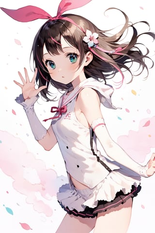 masterpiece, best quality, aesthetic,1girl,solo,((Kizuna AI)),brown hair,pink hair ornament,aqua_eyes ,arm warmers