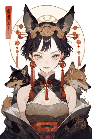 masterpiece, best quality, aethetic,warrior,Chinese Zodiac,Chinese style,a loyal dog girl,Torso shot,dog ears,fang,short eyebrows,sparkling eyes,round eyebrows