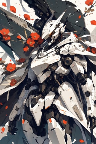 masterpiece, best quality, aethetic,robot,science fiction,rough,damaged, dirty,backpack,high-precision sensor,ash,flower,petals,wind,cape,geometric background