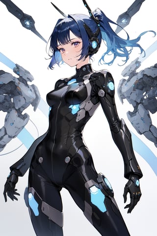 A female mecha pilot,black Tight-fitting pilot suit,blue Ponytail,blue hair,,Thick bangs,Socket,Neural interface,Visual information,Initiate,masterpiece, best quality, aesthetic,glow,LED strip,EL