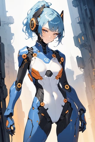 A female mecha pilot,black and orange Tight-fitting pilot suit,blue Ponytail,blue hair,,Thick bangs,Socket,Neural interface,Visual information,Initiate,masterpiece, best quality, aesthetic,glow,LED strip,EL,cyborg