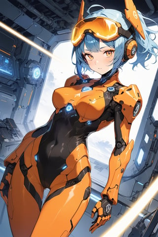 A female mecha pilot,black and orange Tight-fitting pilot suit,blue Ponytail,blue hair,,Thick bangs,Socket,Neural interface,Visual information,Initiate,masterpiece, best quality, aesthetic,glow,LED strip,EL