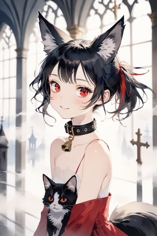 masterpiece, best quality, aesthetic,1girl,solo,Tekeli,black fox ears,animal ear fluff,black fox tail,black hair,red inner hair,short ponytail,sidelocks,(red eyes:1.3),fashion,cat_collar,blush,scenery, ((fog,Haze,Gloom)),blurry background,blurry foreground,A digital double exposure photo,looking at viewer,:>,smile,Realistic,Backlit,church bell,impasto style,natural light,concept art,tarot card