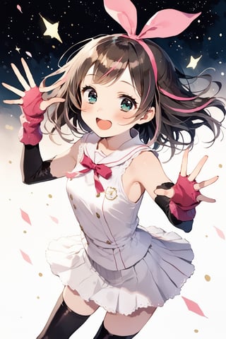 masterpiece, best quality, aesthetic,1girl,solo,((Kizuna AI)),brown hair,pink hair band,aqua_eyes ,arm warmers,laughing