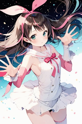 masterpiece, best quality, aesthetic,1girl,solo,((Kizuna AI)),brown hair,pink hair band,aqua_eyes ,arm warmers