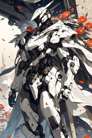 masterpiece, best quality, aethetic,robot,science fiction,rough,damaged, dirty,backpack,high-precision sensor,ash,flower,petals,wind,cape,geometric background