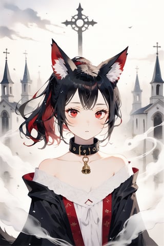 masterpiece, best quality, aesthetic,1girl,solo,Tekeli,black fox ears,animal ear fluff,black fox tail,black hair,red inner hair,short ponytail,sidelocks,(red eyes:1.3),fashion,cat_collar,blush,scenery, ((fog,Haze,Gloom)),blurry background,blurry foreground,A digital double exposure photo,looking at viewer,sad,Realistic,Backlit,church bell,impasto style,natural light,concept art,tarot card,dust particle