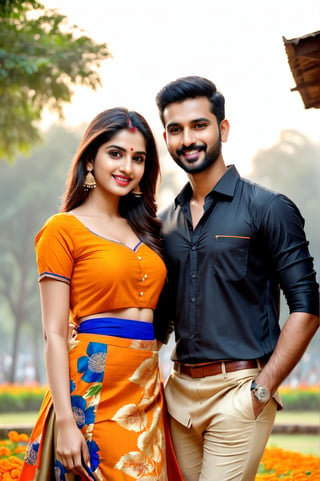 beautiful young couple, HD Face, masterpiece, best quality, realistic, 1girl, indian golden dress, traditional flower printed skirt, black HD eyes look at viewer, real lips, real HD image, HD face, handsome man, fair skin, real indian eyes, orenge colour shirt, real HD face, clean shave, full body shot head to toe, HD smile, love in founten park,