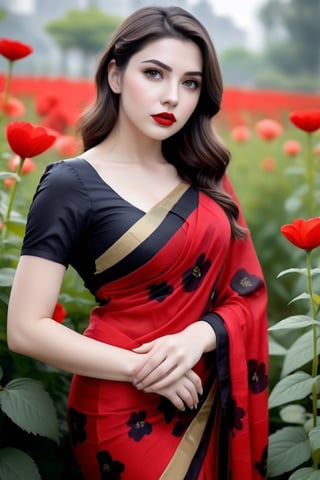 beautiful girl, flower printed saree, real Indian beauty, real black eyes, red lips, in the flower garden, full photo, look at viewer,