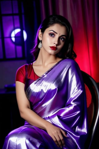 beautiful girl, purple silver saree, real Indian beauty, real black eyes, red lips, in the moon light, full photo, sitting on the chair, look at viewer,