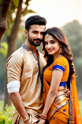 beautiful young couple, HD Face, masterpiece, best quality, realistic, 1girl, indian golden dress, traditional star printed saree, black HD eyes look at viewer, real lips, real HD image, HD face, handsome man, fair skin, real indian eyes, orenge colour shirt, traditional dhoti, real HD face, clean shave, full body shot head to toe, HD smile, love in hirse park,