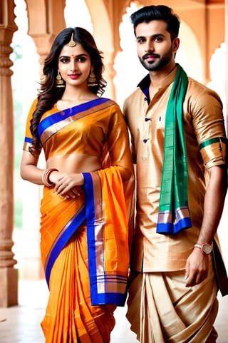 beautiful young couple, HD Face, masterpiece, best quality, realistic, 1girl, indian golden dress, traditional flower printed saree, black HD eyes look at viewer, real lips, real HD image, HD face, handsome man, fair skin, real indian eyes, orenge colour shirt, traditional dhoti, real HD face, clean shave, full body shot head to toe, HD smile, love in hirse park,