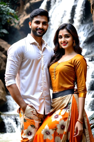 beautiful young couple, HD Face, masterpiece, best quality, realistic, 1girl, indian golden dress, traditional flower printed skirt, black HD eyes look at viewer, real lips, real HD image, HD face, handsome man, fair skin, real indian eyes, orenge colour shirt, real HD face, clean shave, full body shot head to toe, HD smile, love in waterfall,