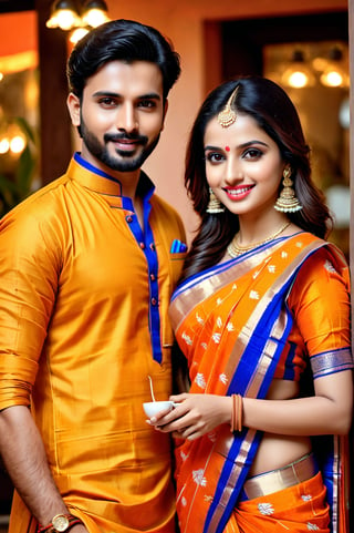 beautiful young couple, HD Face, masterpiece, best quality, realistic, 1girl, indian golden dress, traditional star printed saree, black HD eyes look at viewer, real lips, real HD image, HD face, handsome man, fair skin, real indian eyes, orenge colour shirt, traditional dhoti, real HD face, clean shave, full body shot head to toe, HD smile, take tea in cafe ,