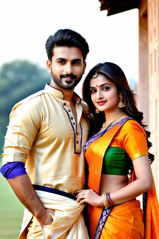 beautiful young couple, HD Face, masterpiece, best quality, realistic, 1girl, indian golden dress, traditional star printed saree, black HD eyes look at viewer, real lips, real HD image, HD face, handsome man, fair skin, real indian eyes, orenge colour shirt, traditional dhoti, real HD face, clean shave, full body shot head to toe, HD smile, love in hirse park,