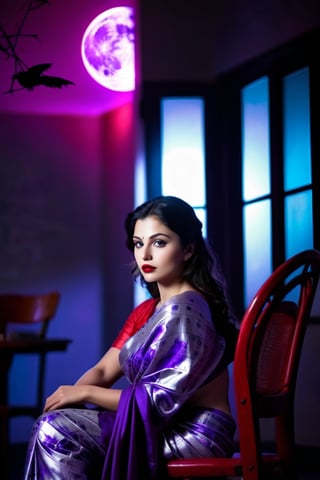 beautiful girl, purple silver printed saree, real Indian beauty, real black eyes, red lips, in the moon light, cool light, full photo, sitting on the chair, look at viewer,
