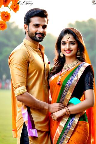beautiful young couple, HD Face, masterpiece, best quality, realistic, 1girl, indian golden dress, traditional flower printed saree, black HD eyes look at viewer, real lips, real HD image, HD face, handsome man, fair skin, real indian eyes, orenge colour shirt, real HD face, clean shave, full body shot head to toe, HD smile, love in hirse park,
