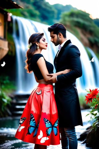 beautiful couple, multicolor skirt, real Indian beauty and boys clothing, black coat, black eyes look at me, red lips, in waterfall side tea hut, flirting, in the evening, full photo, butterfly on flowers, real image,