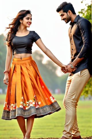 beautiful young couple, HD Face, masterpiece, best quality, realistic, 1girl, indian golden dress, traditional flower printed skirt, black HD eyes look at viewer, real lips, real HD image, HD face, handsome man, fair skin, real indian eyes, orenge colour shirt, real HD face, clean shave, full body shot head to toe, HD smile, love in hirse park,