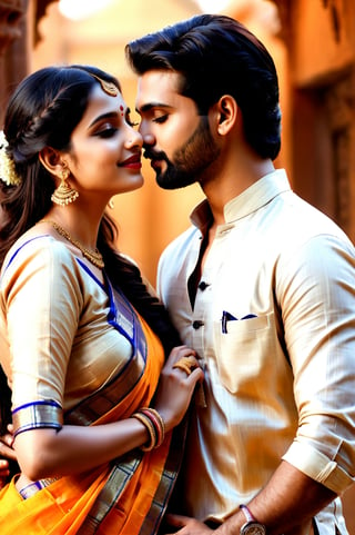 beautiful young couple, HD Face, masterpiece, best quality, realistic, 1girl, indian golden dress, traditional stars printed saree, black HD eyes look at viewer, real lips, real HD image, HD face, handsome man, fair skin, real indian eyes, orenge colour shirt, traditional dhoti, real HD face, clean shave, full body shot head to toe, HD smile, kissing hug,
