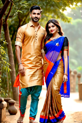 beautiful young couple, HD Face, masterpiece, best quality, realistic, 1girl, indian golden dress, traditional star printed saree, black HD eyes look at viewer, real lips, real HD image, HD face, handsome man, fair skin, real indian eyes, orenge colour shirt, traditional dhoti, real HD face, clean shave, full body shot head to toe, HD smile, love in tea garden,