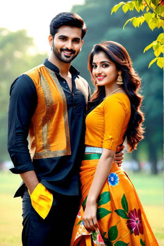 beautiful young couple, HD Face, masterpiece, best quality, realistic, 1girl, indian golden dress, traditional flower printed skirt, black HD eyes look at viewer, real lips, real HD image, HD face, handsome man, fair skin, real indian eyes, orenge colour shirt, real HD face, clean shave, full body shot head to toe, HD smile, love in hirse park,
