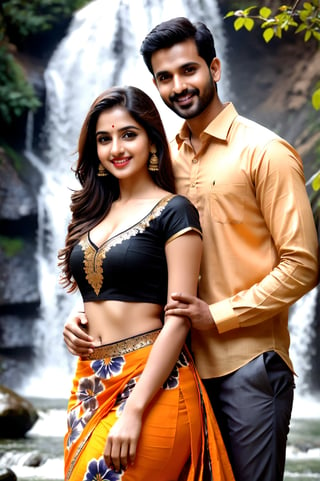 beautiful young couple, HD Face, masterpiece, best quality, realistic, 1girl, indian golden dress, traditional flower printed skirt, black HD eyes look at viewer, real lips, real HD image, HD face, handsome man, fair skin, real indian eyes, orenge colour shirt, real HD face, clean shave, full body shot head to toe, HD smile, love in waterfall,