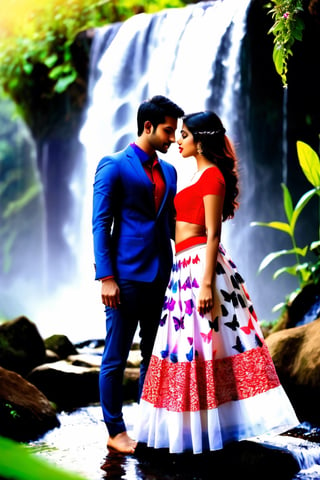 beautiful couple, multicolor skirt, real Indian beauty and boys clothing, black eyes look at me, red lips, in waterfall side tea hut, take a tea, in the evening, full photo, butterfly on flowers, full body shot head to toe, 