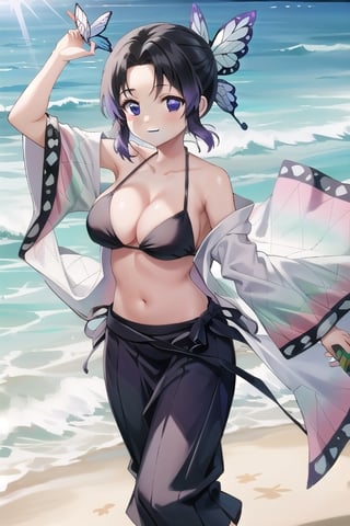 beautiful face, sarong, long skirt, bikini, background, beach, kochou shinobu
