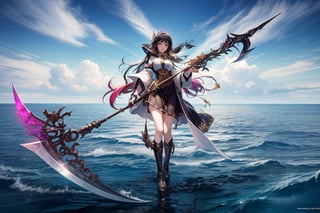 (masterpiece, top quality, best quality, official art, beautiful and aesthetic:1.2), (1girl), extreme detailed,(fractal art:1.3),colorful,highest detailed, Black Hair, Gray eyes, white armor, Holding A scythe,Add more detail, perfect Scythe, sea background, standing in a sea, unending vast sea