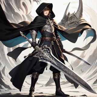 (masterpiece, top quality, best quality, official art, beautiful and aesthetic:1.2), (1man), extreme detailed,(fractal art:1.3),colorful,highest detailed, black cloak, black hood, handsome Greatsword, claymore, big sword, holding a giant sword, battlefield, flame, fire