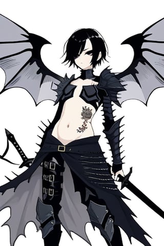 Black hair, Short hair, Black armor, Thorny armor, revealing armor, Wings, black sword, Black eyes, exposed belly, dark eyeshadow, belly tattoo, holding a sword,