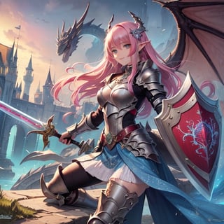 (masterpiece, top quality, best quality, official art, beautiful and aesthetic:1.2), (1girl), extreme detailed,(fractal art:1.3),colorful,highest detailed, armored, Shield, dragon wing, castle background, pink hair, elf ear, sword, holding a sword, pink sword