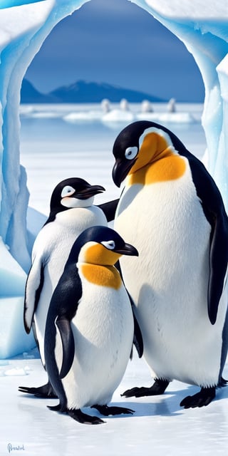 Delight in the heartwarming scene of a beautiful penguin couple and their adorable child, set against a backdrop of icy elegance. Each penguin should exude character and charm, creating a captivating family portrait.,round animal