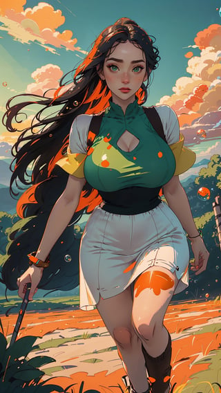 ((masterpiece)), (best quality), (cinematic), a woman in a long white dress, running through an open field, long black hair, bangs, chubby, wide hips, full body, green eyes, freckles on cheeks, wind, detailed face, detailed body, red and orange sky, glow, clouds, vegetation, green plains, floating bubbles, (cinematic, colorful), vast field, (extremely detailed), inspired by Studio Ghibli, EpicSky, cloud, sky, highly detailed, detailed face,Makeup