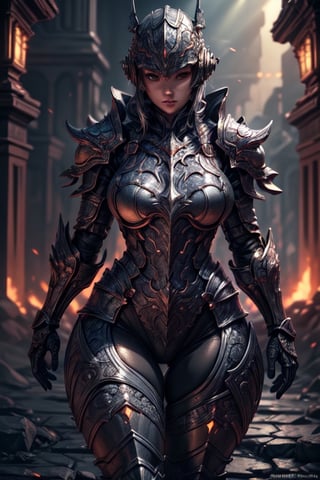 absurdres, [perfect shadows and lighting], detailed background, incredible high-key lighting, masterpiece, high quality, detailed, extremely detailed, ambient soft lighting, 4K, 1girl, looking at viewer, solo, emb3r4rmor, no helmet, wide hips, thick thighs, sword and shield,