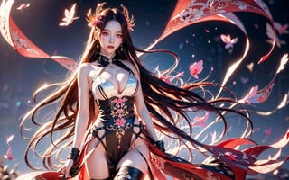 1girl, Asian girl, Standing, Looking at viewer, Face mask, forehead, Bright eyes, Blush, long hair, Hair ornament, large breasts, Naked_thigh highs, narrow waist, Chinese clothes, transparent top , jewelry, earrings, high detail leather, real leather, halo, illuminated Chinese calligraphy, energy flow, falling petals, wind, blurred background, masterpiece, top quality, best quality , beautiful and aesthetic, (Dazzling space, enchanting radiance, radiant light, ethereal atmosphere, enchanting light, sensuous color,( very sexy),aespakarina