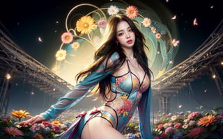 (Masterpiece, highest quality), High-resolution details, Sharp focus, (Photorealistic: 1.2), 1 Girl, Accurate anatomy, Cowboy shot, The voluptuousness of the girl and the glamor of the flowers are seamlessly combined. When the beautiful curves, cuteness, and dazzle of the flowers dance in a kaleidoscope, the entire flower garden sways and reacts.The shapes of the flowers and crane-like plants are reflected in a fascinating fractal design. (Random Pose: 1.3) , (dynamic angle: 1.3),aespakarina