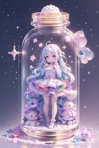 ((magical girl, rainbow, white hair, doll dress, short dress, long hair, purple eyes, small breasts, pale skin, soft skin, colorful snow background, rainbow, hearts, snow, snowing, ice, pastel, sun, clouds, sparkles, twinkle, crystals, stars)) (((white hair))),( fluffy, soft, light, bright, slightly downcast eyes, cute, pink, purple,  candy, sweets) (masterpiece, best quality:1.2), (on toy figure stand), glass bottle,  jar, gib\(concept\),bottle,kawaiitech